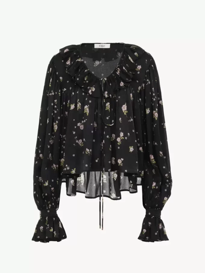 Maxi gathered ruffle top in silk charmeuse