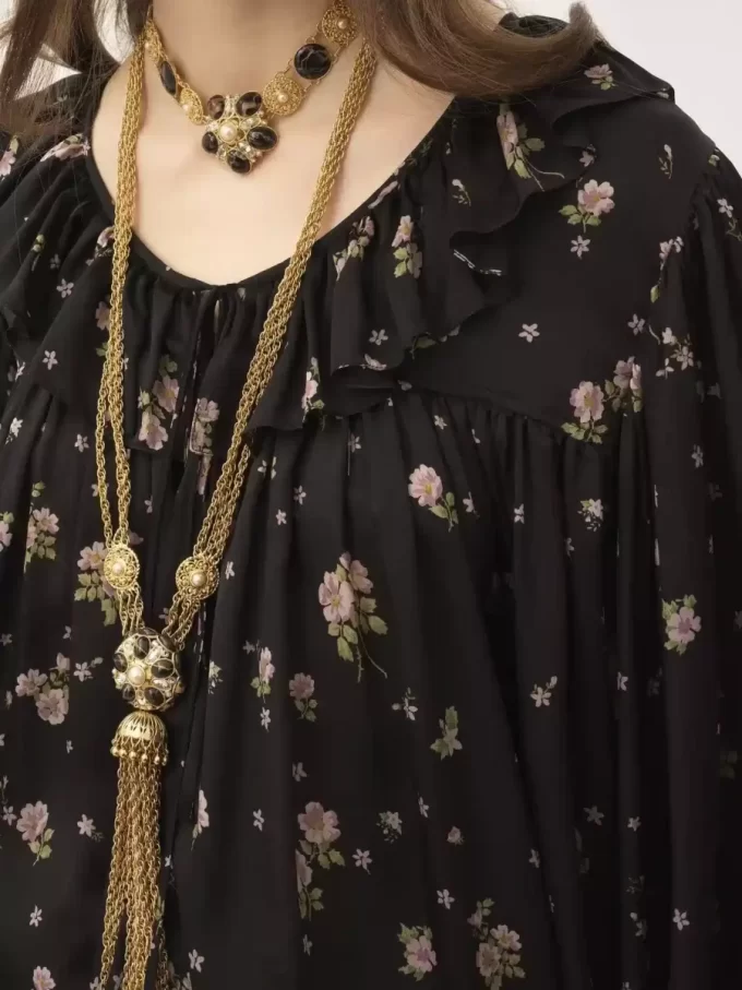 Maxi gathered ruffle top in silk charmeuse