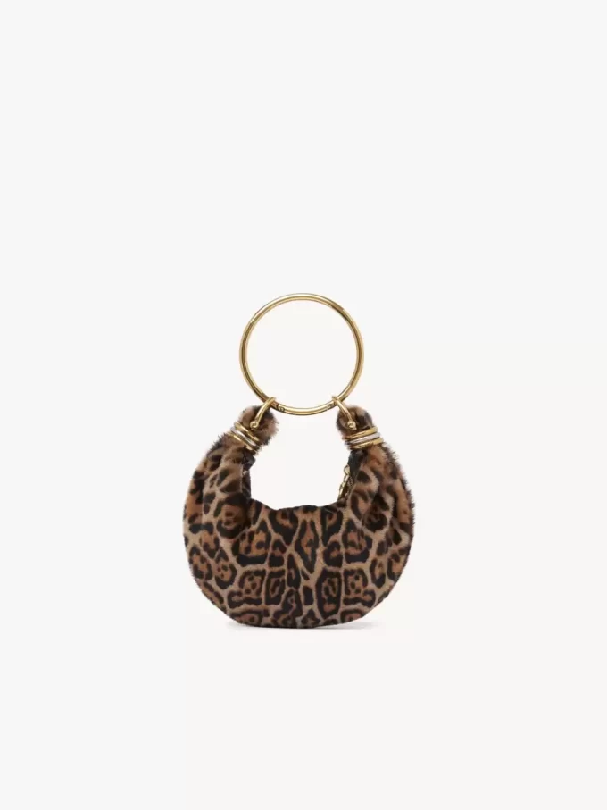 Mini Bracelet Hobo bag in leopard-print shearling