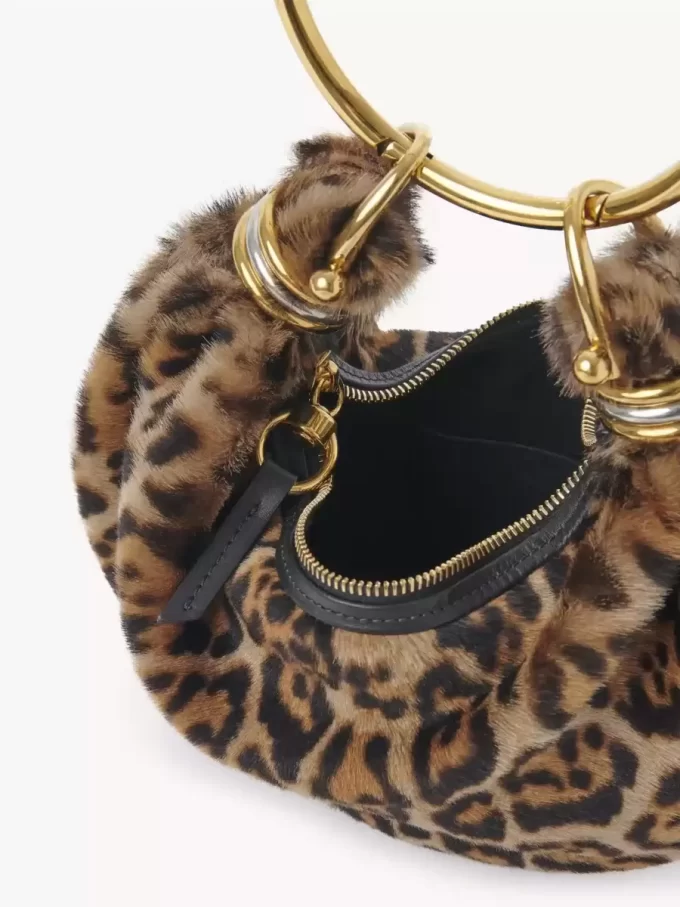 Mini Bracelet Hobo bag in leopard-print shearling