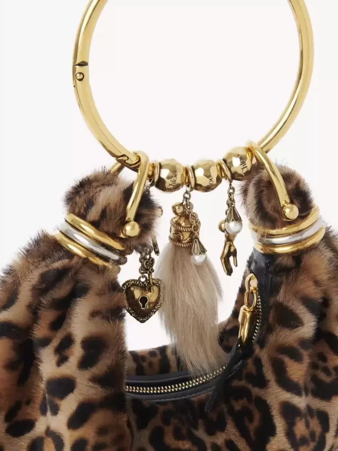 Mini Bracelet Hobo bag in leopard-print shearling
