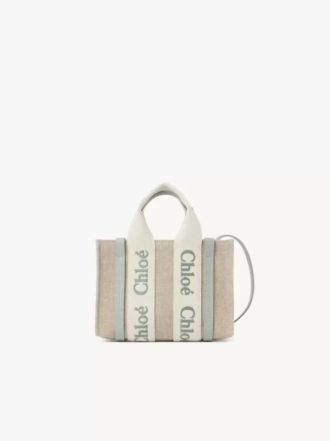 Mini Woody tote bag in linen & leather