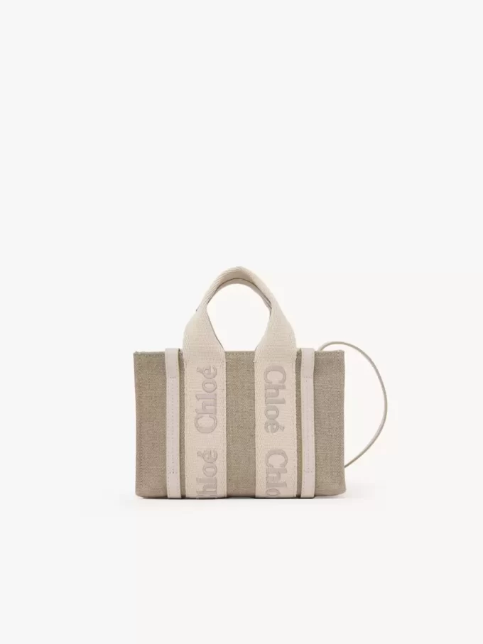 Mini Woody tote bag in linen & leather