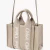 Mini Woody tote bag in linen & leather