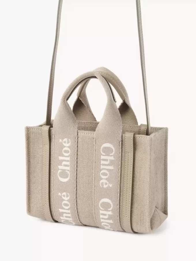 Mini Woody tote bag in linen & leather