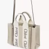 Mini Woody tote bag in linen & leather