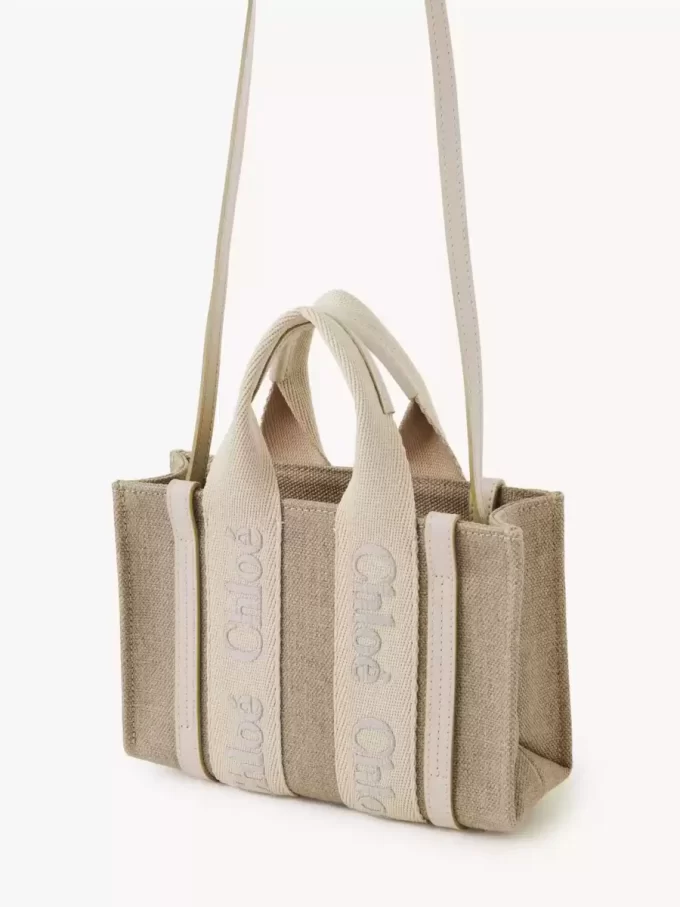 Mini Woody tote bag in linen & leather