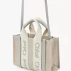 Mini Woody tote bag in linen & leather