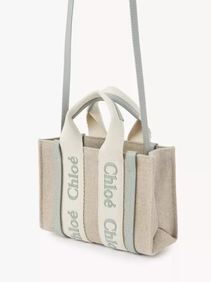 Mini Woody tote bag in linen & leather