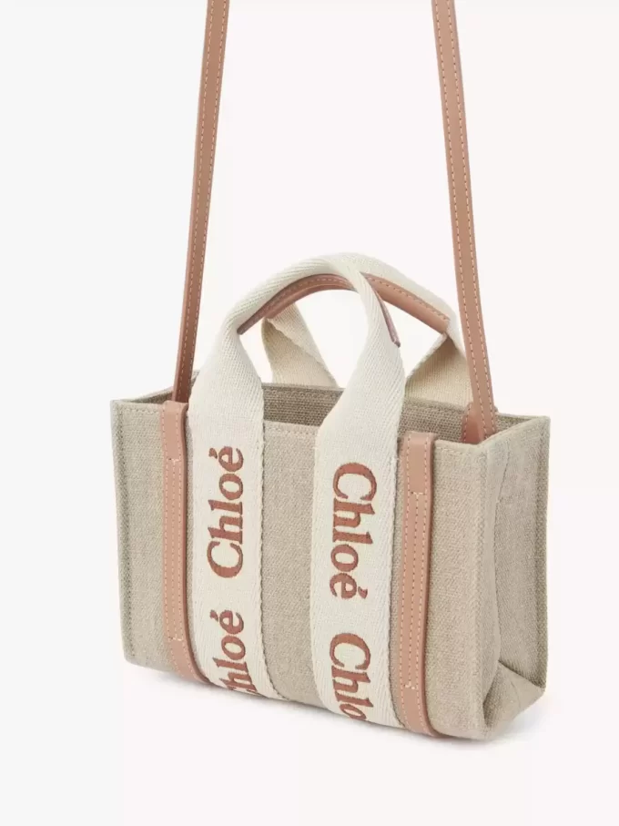 Mini Woody tote bag in linen & leather Mini Woody tote bag in linen & leather