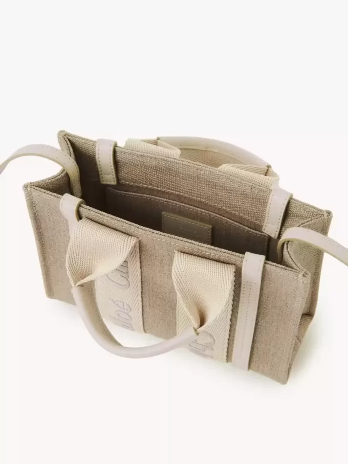 Mini Woody tote bag in linen & leather
