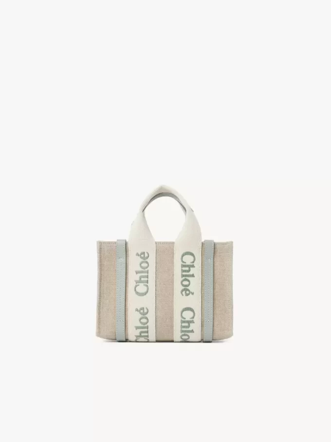 Mini Woody tote bag in linen & leather