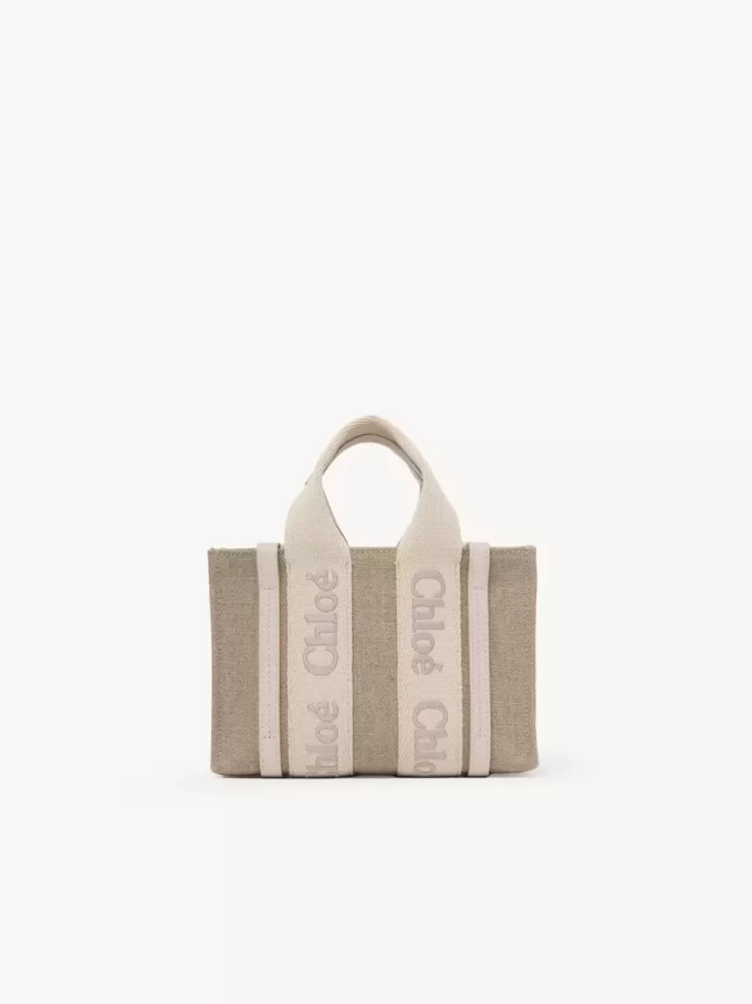 Mini Woody tote bag in linen & leather