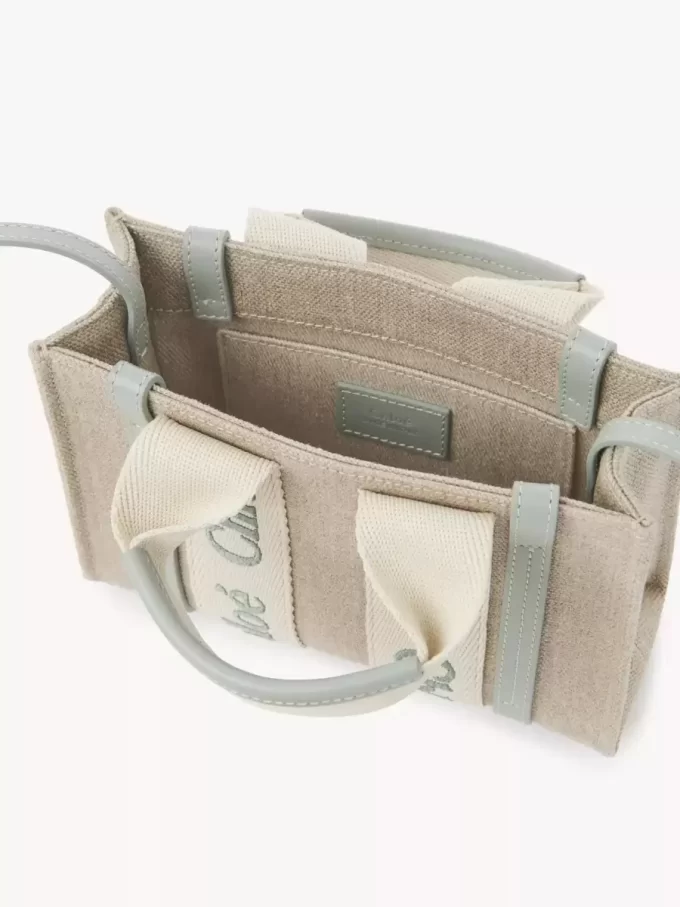 Mini Woody tote bag in linen & leather