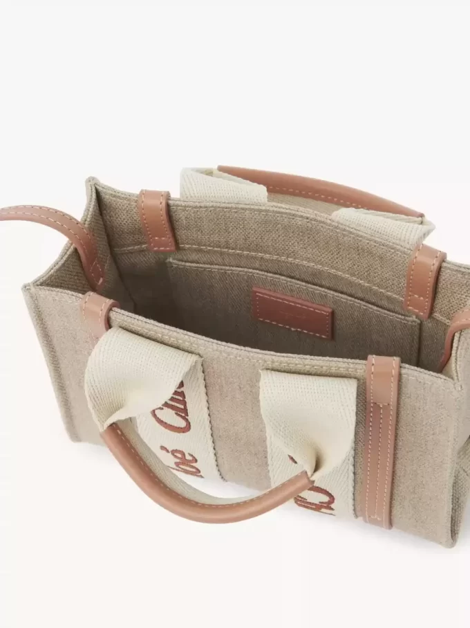 Mini Woody tote bag in linen & leather Mini Woody tote bag in linen & leather