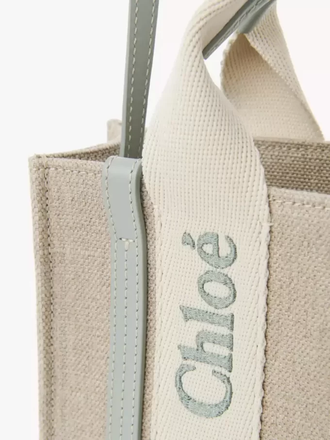 Mini Woody tote bag in linen & leather