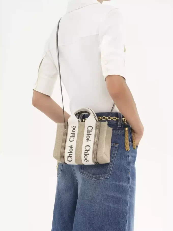 Mini Woody tote bag in linen & leather