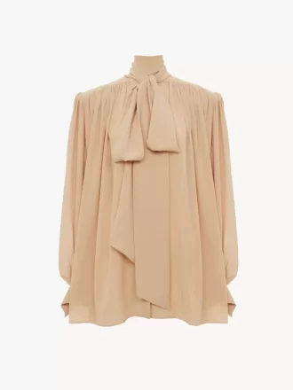 Oversized gathered lavallière blouse in crêpe de chine