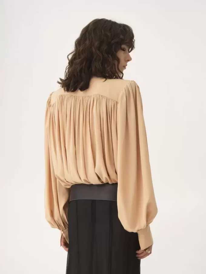 Oversized gathered lavallière blouse in crêpe de chine