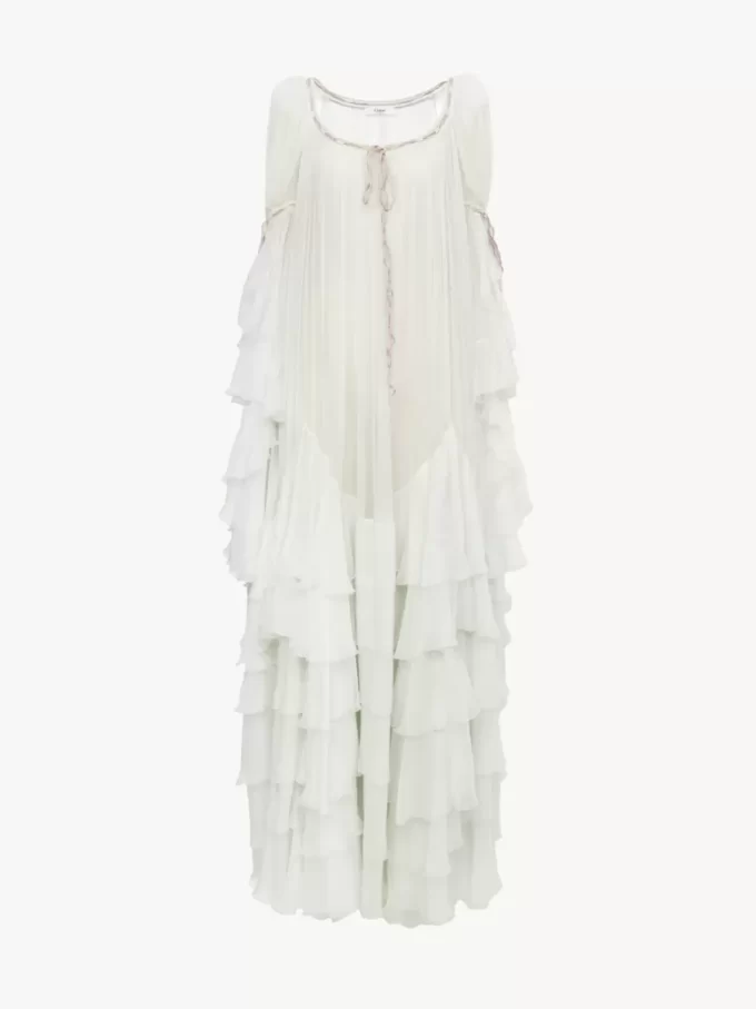 Oversized long ruffled dress in silk mousseline