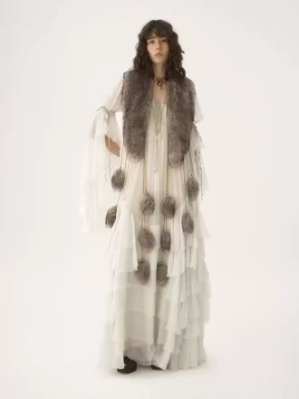 Oversized long ruffled dress in silk mousseline