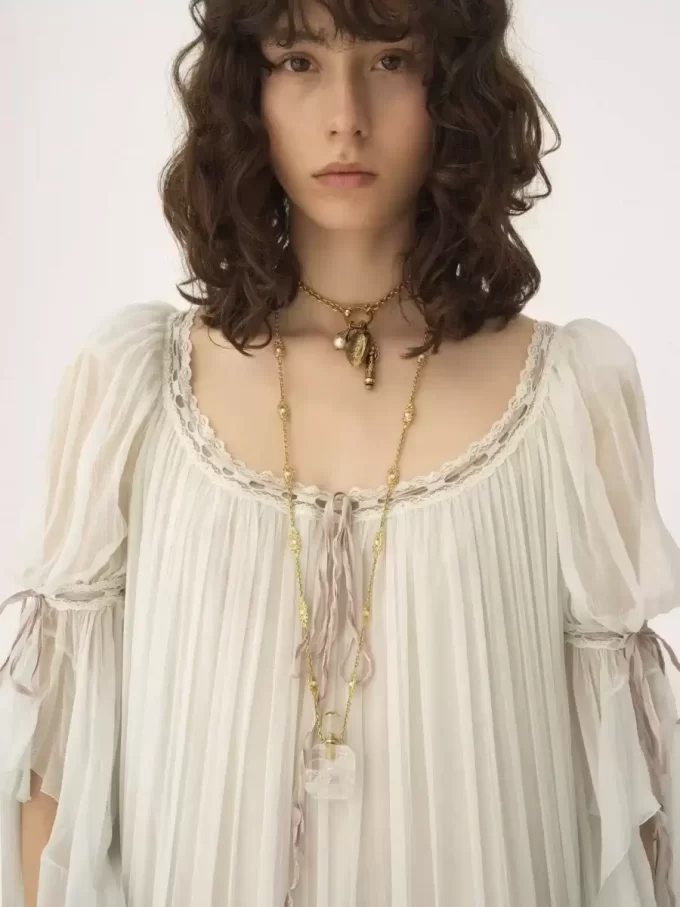 Oversized long ruffled dress in silk mousseline