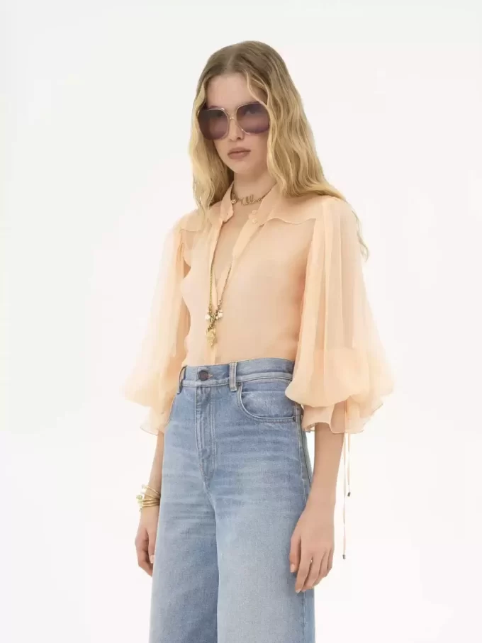 Puff-sleeve blouse in silk mousseline