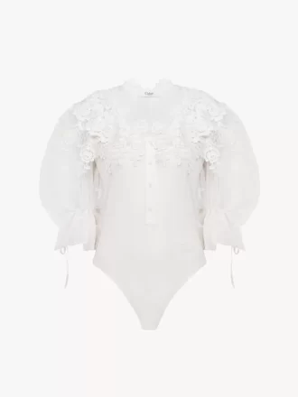 Puff-sleeve bodysuit in guipure lace cotton mix