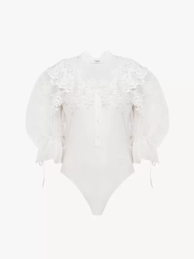 Puff-sleeve bodysuit in guipure lace cotton mix