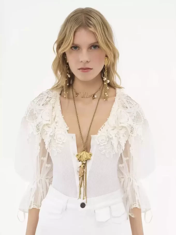 Puff-sleeve bodysuit in guipure lace cotton mix