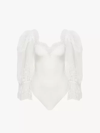 Puff-sleeve bodysuit in shiny stretch jersey & lace