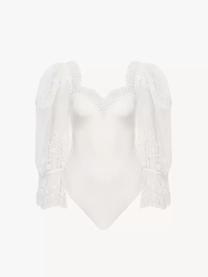 Puff-sleeve bodysuit in shiny stretch jersey & lace