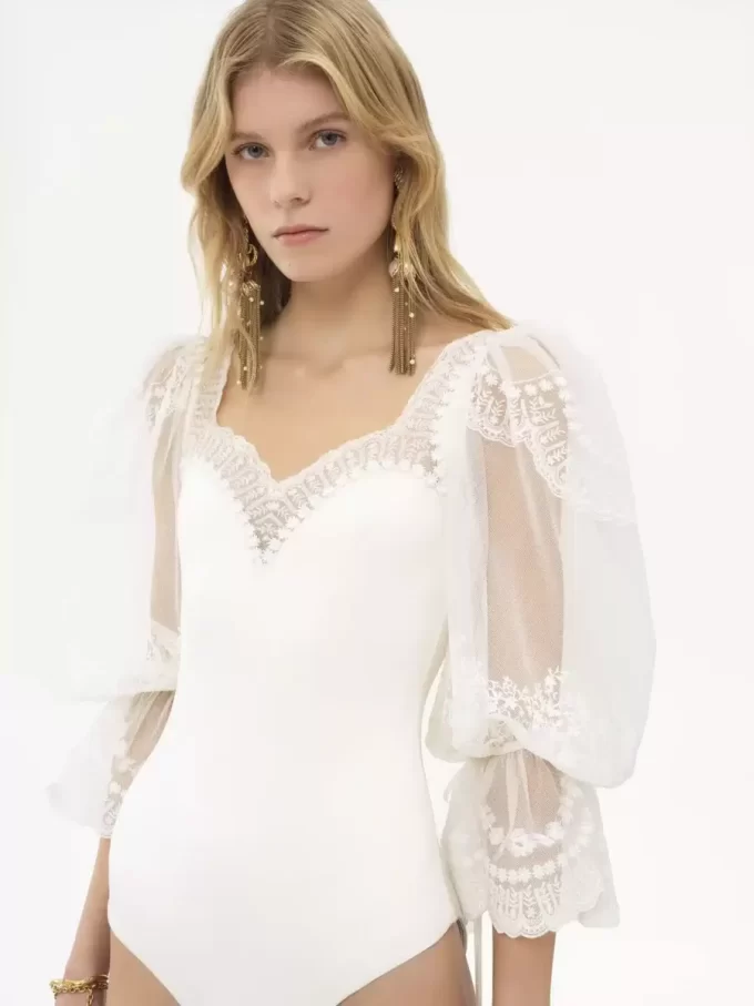 Puff-sleeve bodysuit in shiny stretch jersey & lace