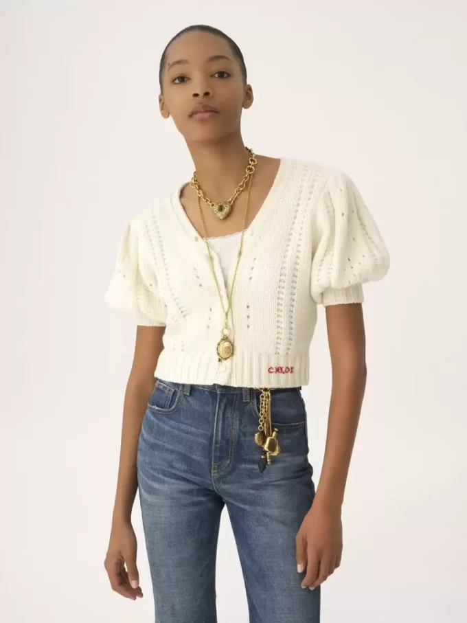 Puff-sleeve cardigan in a wool & cashmere knit