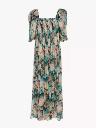 Puff-sleeve long dress in silk mousseline