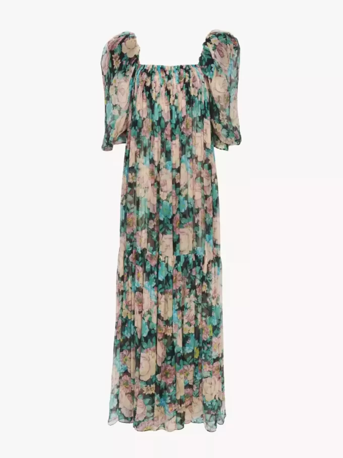 Puff-sleeve long dress in silk mousseline