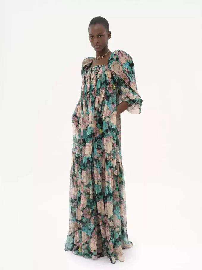 Puff-sleeve long dress in silk mousseline