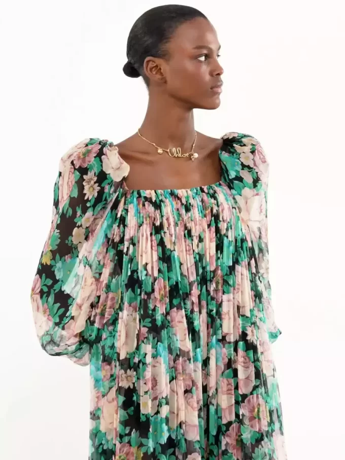 Puff-sleeve long dress in silk mousseline