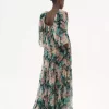 Puff-sleeve long dress in silk mousseline