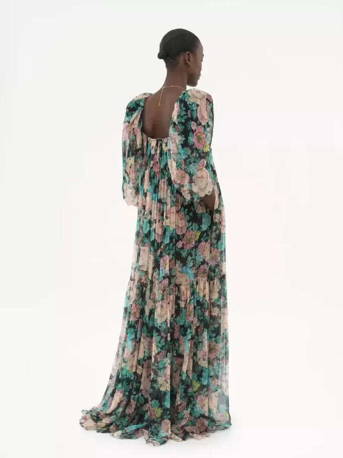 Puff-sleeve long dress in silk mousseline
