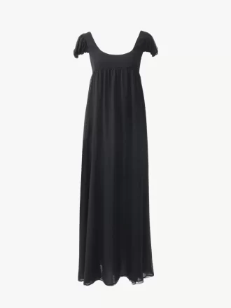 Puff-sleeve long dress in silk plumetis