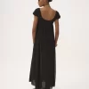 Puff-sleeve long dress in silk plumetis