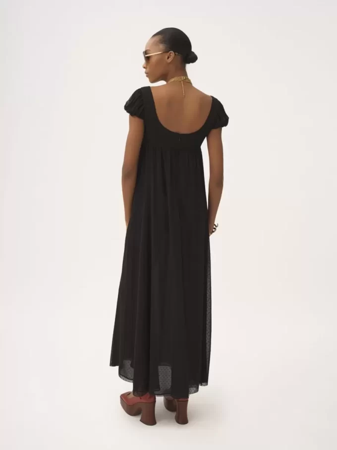 Puff-sleeve long dress in silk plumetis