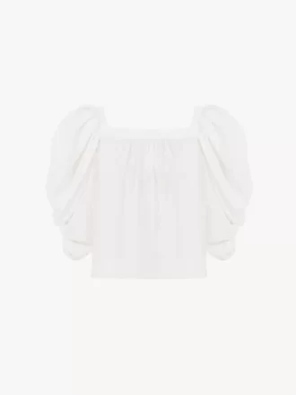 Puff-sleeve pleated top in silk poplin