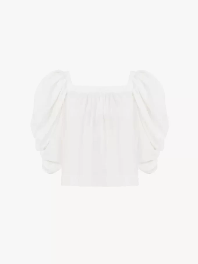 Puff-sleeve pleated top in silk poplin