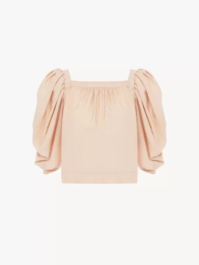 Puff-sleeve pleated top in silk poplin