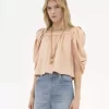 Puff-sleeve pleated top in silk poplin