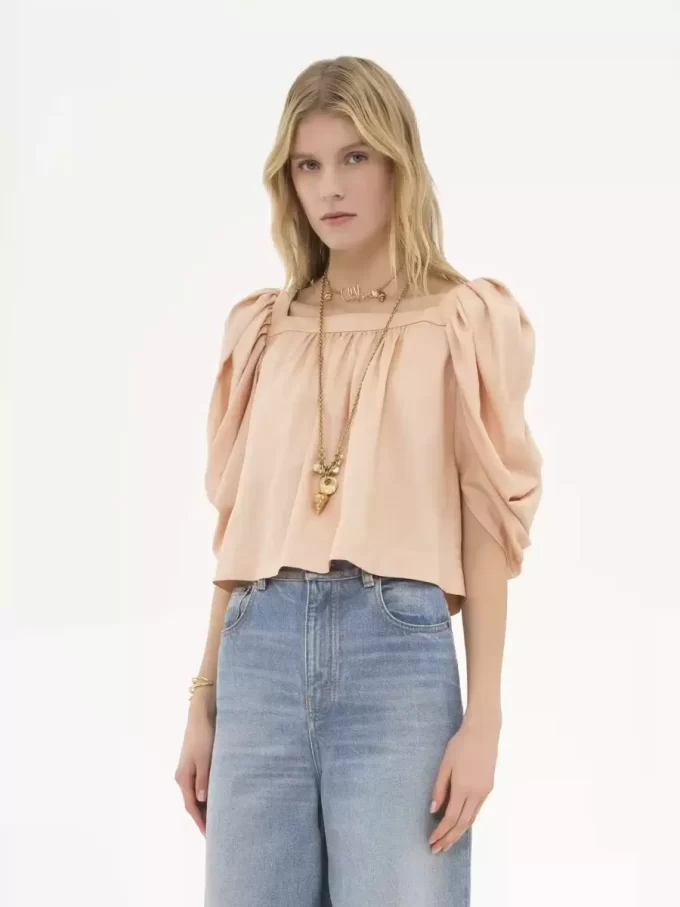Puff-sleeve pleated top in silk poplin