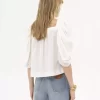 Puff-sleeve pleated top in silk poplin