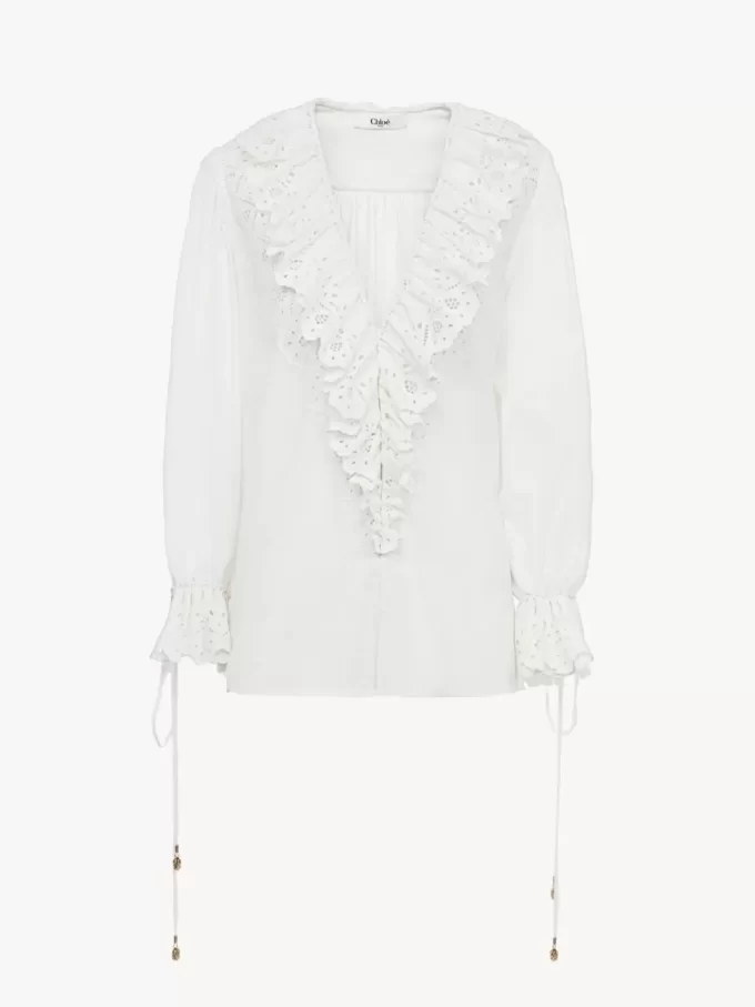 Puff-sleeve V-neck top in cotton voile